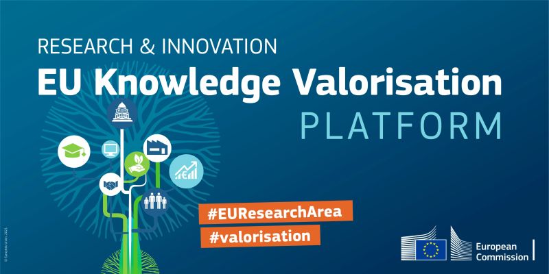 En grafik för EU:s plattform för kunskapsvärdering med ikoner för forskning, innovation och samarbete, hashtaggar #EUResearchArea och #valorisation samt Europeiska kommissionens logotyp på blå bakgrund.