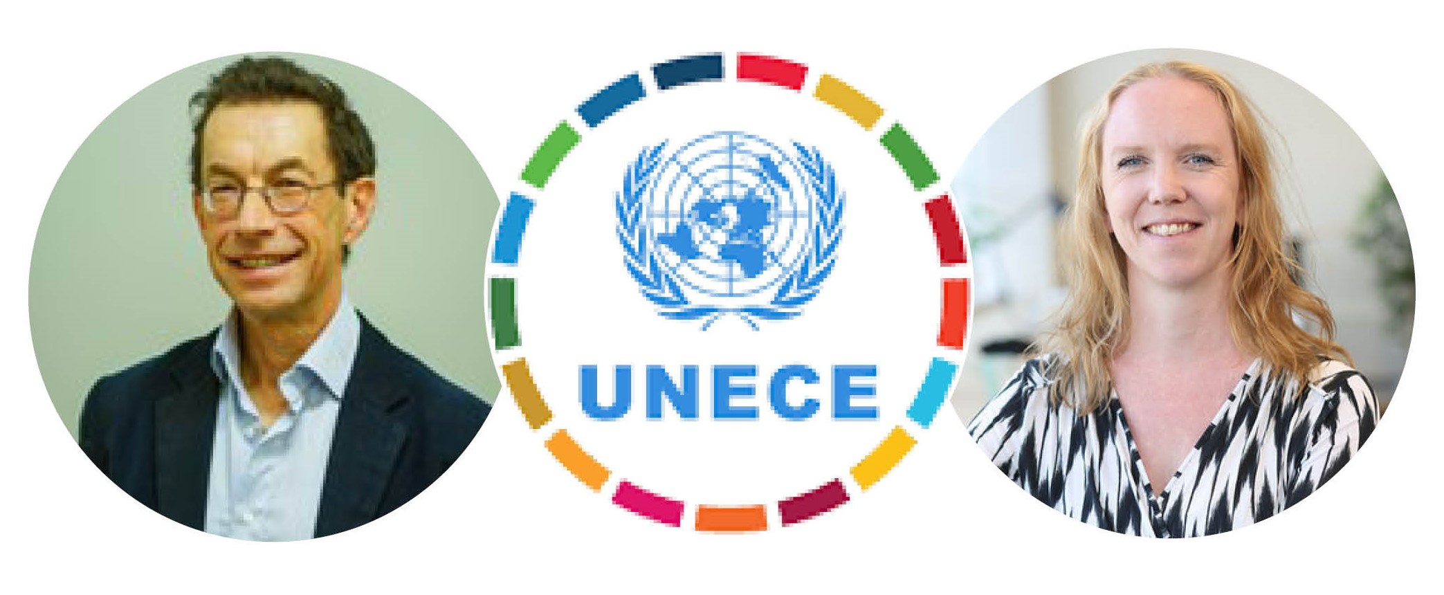 Två personer, en man till vänster och en kvinna till höger, visas i separata cirklar. Mellan dem finns UNECE:s logotyp med FN:s emblem, omgiven av en färgglad cirkulär kant.